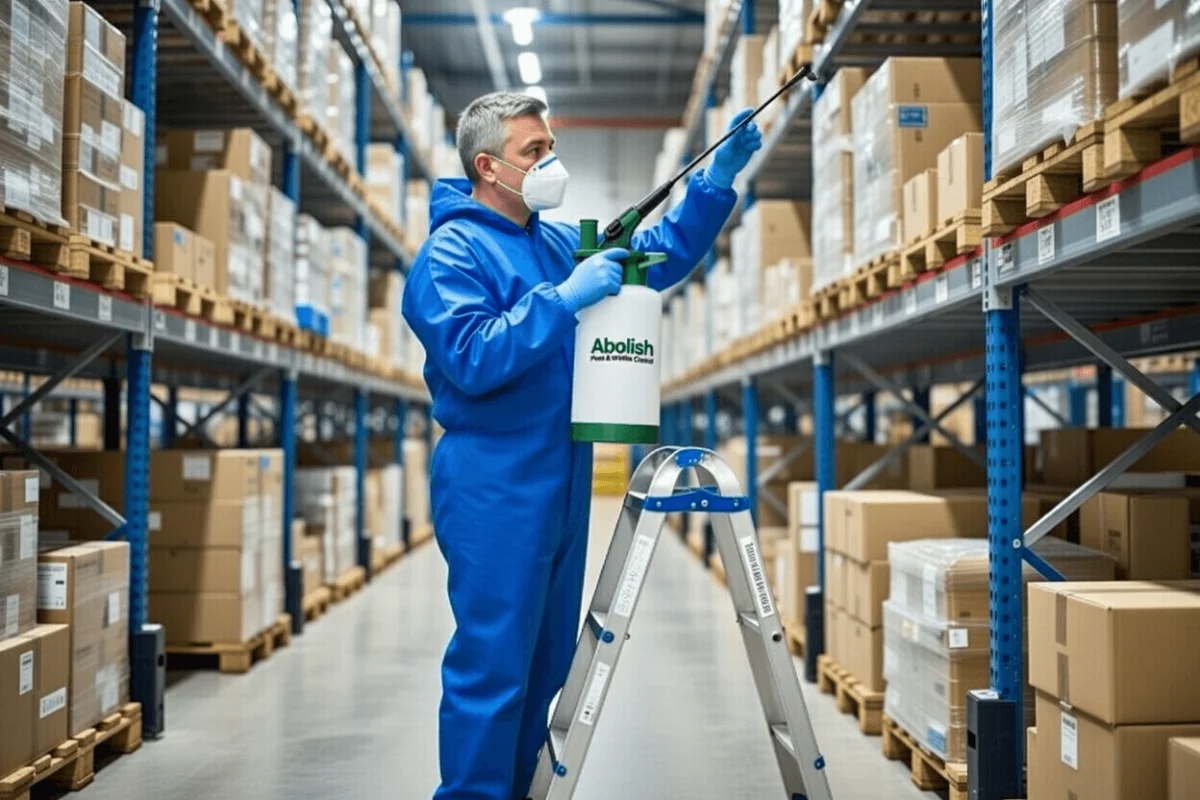 Abolish Pest & Wildlife Control technician applying exterior pest control treatment around a commercial property in San Antonio, TX.