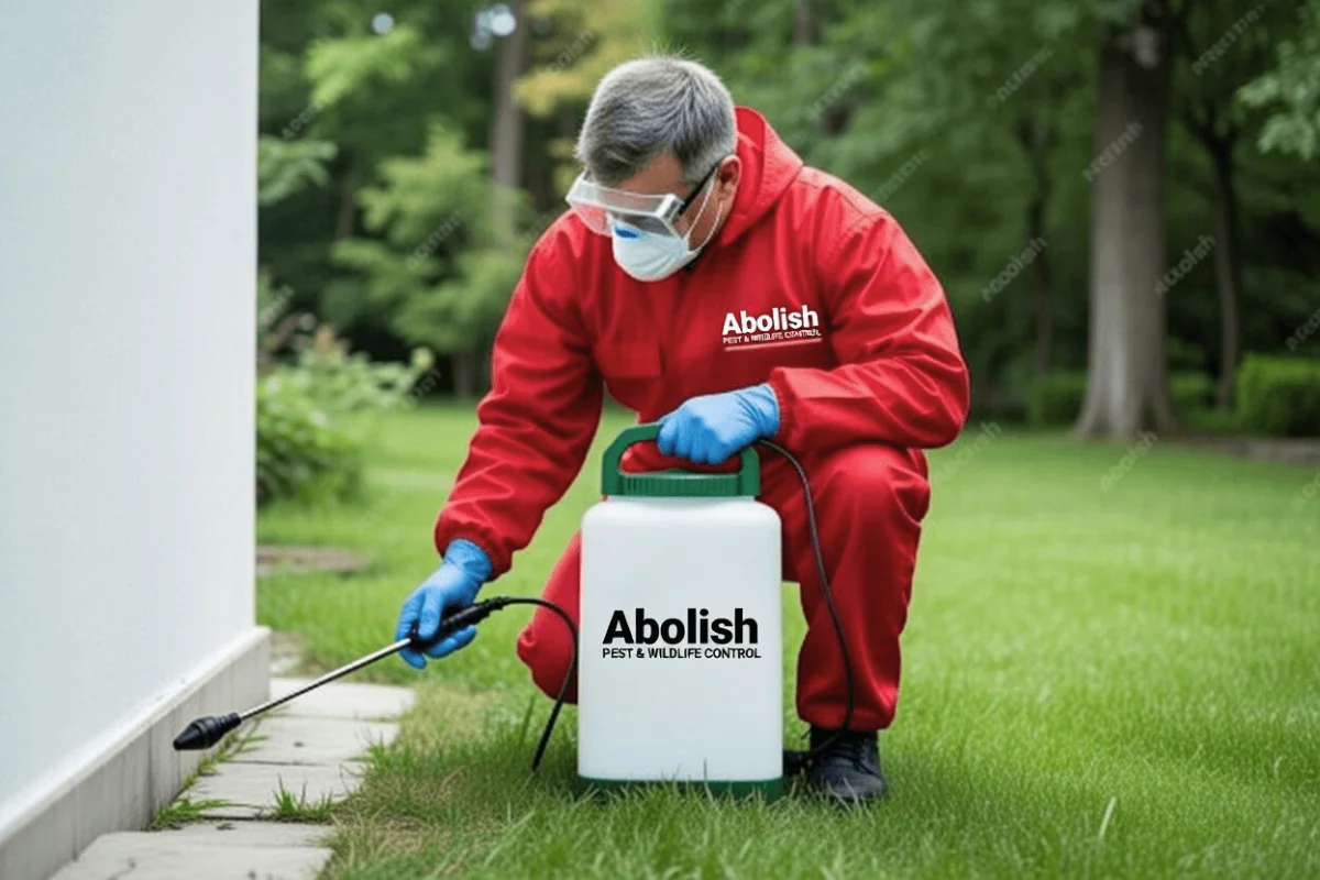Abolish Pest & Wildlife Control technician applying exterior pest control treatment around a residential home in San Antonio, TX.
